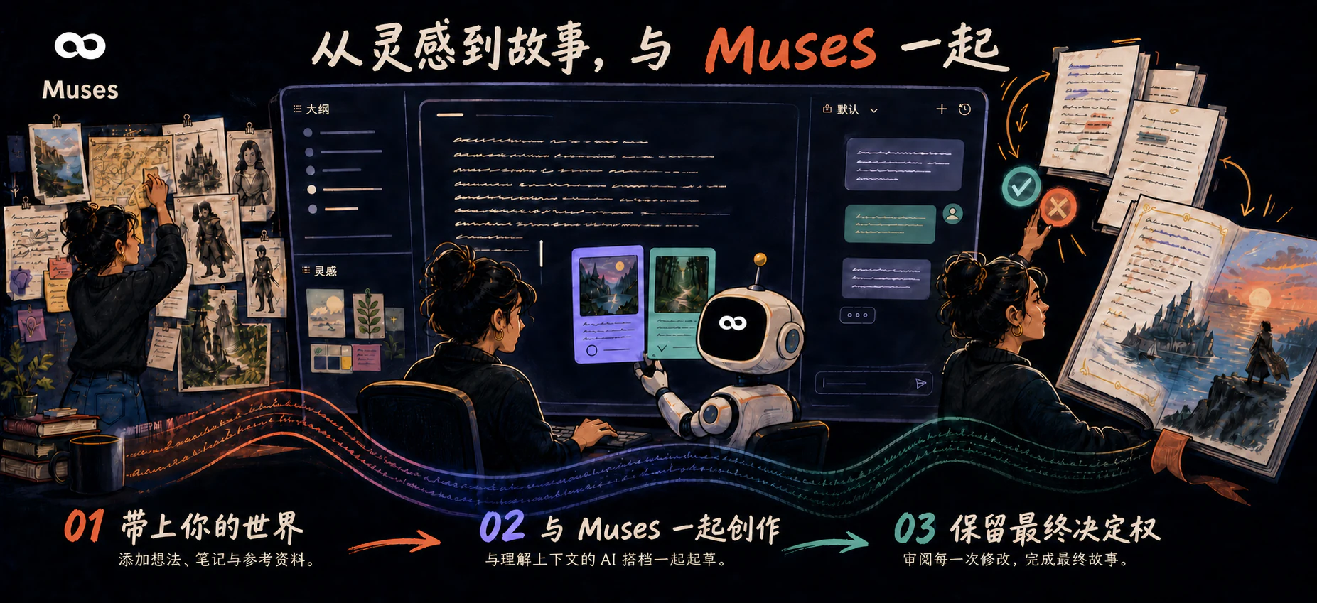 从灵感到故事,与 Muses 一起。01 带上你的世界:添加想法、笔记与参考资料。02 与 Muses 一起创作:与理解上下文的 AI 搭档一起起草。03 保留最终决定权:审阅每一次修改,完成最终故事。
